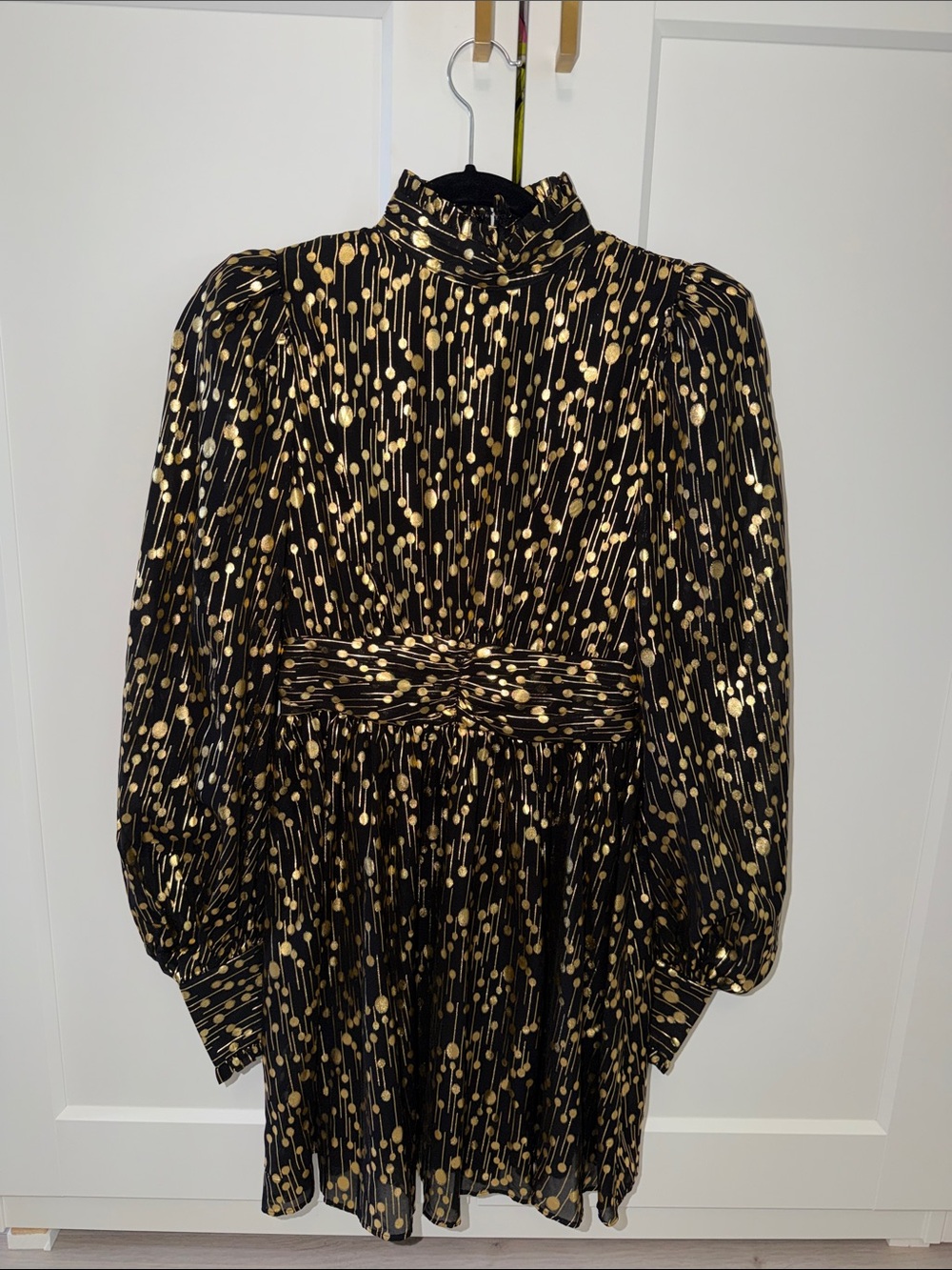 Aqua Black and Gold High Neck Fit & Flare Metallic Long Sleeve Dress NWT